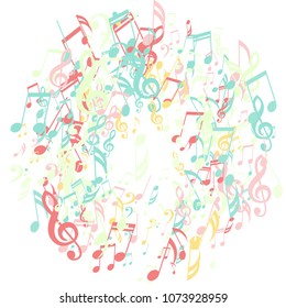 Wreath of Musical Notes. Abstract Background with Notes, Bass and Treble Clefs. Vector Element for Musical Poster, Banner, Advertising, Card. Minimalistic Simple Background.