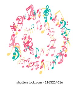 Wreath of Musical Notes. Abstract Background with Notes, Bass and Treble Clefs. Vector Element for Musical Poster, Banner, Advertising, Card. Minimalistic Simple Background.