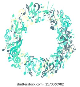Wreath of Musical Notes. Abstract Background with Notes, Bass and Treble Clefs. Vector Element for Musical Poster, Banner, Advertising, Card. Minimalistic Simple Background.