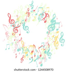 Wreath of Musical Notes. Abstract Background with Notes, Bass and Treble Clefs. Vector Element for Musical Poster, Banner, Advertising, Card. Minimalistic Simple Background.