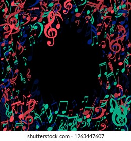 Wreath of Musical Notes. Abstract Background with Notes, Bass and Treble Clefs. Vector Element for Musical Poster, Banner, Advertising, Card. Minimalistic Simple Background.