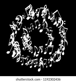 Wreath of Musical Notes. Creative Background with Notes, Bass and Treble Clefs. Vector Element for Musical Poster, Banner, Advertising, Card. Minimalistic Simple Background.