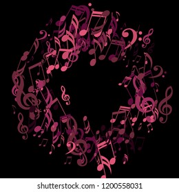 Wreath of Musical Notes. Creative Background with Notes, Bass and Treble Clefs. Vector Element for Musical Poster, Banner, Advertising, Card. Minimalistic Simple Background.