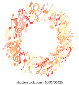 Wreath of Musical Notes. Modern Background with Notes, Bass and Treble Clefs. Vector Element for Musical Poster, Banner, Advertising, Card. Minimalistic Simple Background.