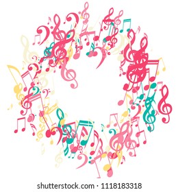Wreath of Musical Notes. Modern Background with Notes, Bass and Treble Clefs. Vector Element for Musical Poster, Banner, Advertising, Card. Minimalistic Simple Background.