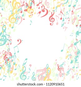 Wreath of Musical Notes. Modern Background with Notes, Bass and Treble Clefs. Vector Element for Musical Poster, Banner, Advertising, Card. Minimalistic Simple Background.