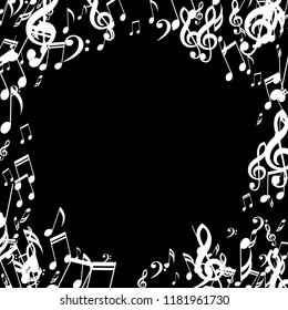 Wreath of Musical Notes. Modern Background with Notes, Bass and Treble Clefs. Vector Element for Musical Poster, Banner, Advertising, Card. Minimalistic Simple Background.