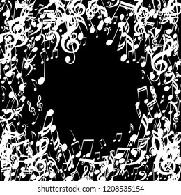 Wreath of Musical Notes. Modern Background with Notes, Bass and Treble Clefs. Vector Element for Musical Poster, Banner, Advertising, Card. Minimalistic Simple Background.