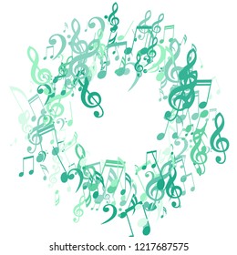 Wreath of Musical Notes. Modern Background with Notes, Bass and Treble Clefs. Vector Element for Musical Poster, Banner, Advertising, Card. Minimalistic Simple Background.