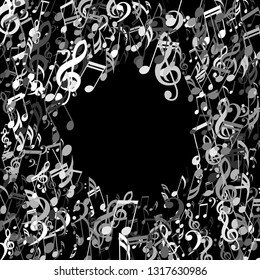 Wreath of Musical Notes. Modern Background with Notes, Bass and Treble Clefs. Vector Element for Musical Poster, Banner, Advertising, Card. Minimalistic Simple Background.