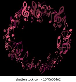 Wreath of Musical Notes. Modern Background with Notes, Bass and Treble Clefs. Vector Element for Musical Poster, Banner, Advertising, Card. Minimalistic Simple Background.