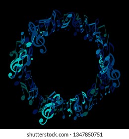 Wreath of Musical Notes. Modern Background with Notes, Bass and Treble Clefs. Vector Element for Musical Poster, Banner, Advertising, Card. Minimalistic Simple Background.