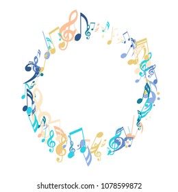 Wreath of Musical Notes. Trendy Background with Notes, Bass and Treble Clefs. Vector Element for Musical Poster, Banner, Advertising, Card. Minimalistic Simple Background.