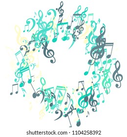 Wreath of Musical Notes. Trendy Background with Notes, Bass and Treble Clefs. Vector Element for Musical Poster, Banner, Advertising, Card. Minimalistic Simple Background.