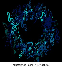 Wreath of Musical Notes. Trendy Background with Notes, Bass and Treble Clefs. Vector Element for Musical Poster, Banner, Advertising, Card. Minimalistic Simple Background.