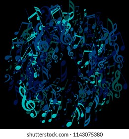 Wreath of Musical Notes. Trendy Background with Notes, Bass and Treble Clefs. Vector Element for Musical Poster, Banner, Advertising, Card. Minimalistic Simple Background.