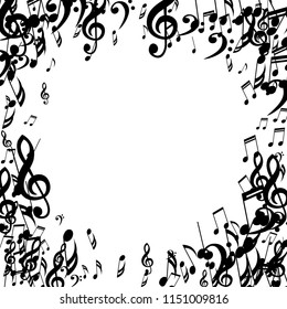 Wreath of Musical Notes. Trendy Background with Notes, Bass and Treble Clefs. Vector Element for Musical Poster, Banner, Advertising, Card. Minimalistic Simple Background.