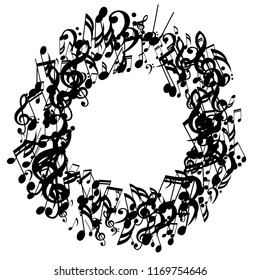 Wreath of Musical Notes. Trendy Background with Notes, Bass and Treble Clefs. Vector Element for Musical Poster, Banner, Advertising, Card. Minimalistic Simple Background.