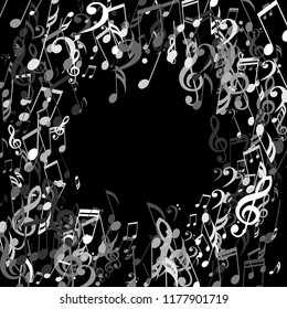 Wreath of Musical Notes. Trendy Background with Notes, Bass and Treble Clefs. Vector Element for Musical Poster, Banner, Advertising, Card. Minimalistic Simple Background.