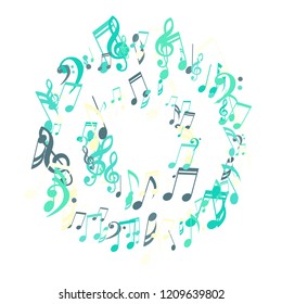 Wreath of Musical Notes. Trendy Background with Notes, Bass and Treble Clefs. Vector Element for Musical Poster, Banner, Advertising, Card. Minimalistic Simple Background.