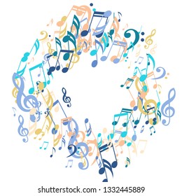 Wreath of Musical Notes. Trendy Background with Notes, Bass and Treble Clefs. Vector Element for Musical Poster, Banner, Advertising, Card. Minimalistic Simple Background.