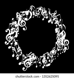 Wreath of Musical Notes. Trendy Background with Notes, Bass and Treble Clefs. Vector Element for Musical Poster, Banner, Advertising, Card. Minimalistic Simple Background.