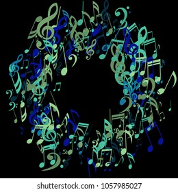 Wreath of Musical Signs. Abstract Background with Notes, Bass and Treble Clefs. Vector Element for Musical Poster, Banner, Advertising, Card. Minimalistic Simple Background.