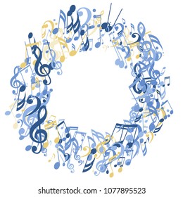 Wreath of Musical Signs. Abstract Background with Notes, Bass and Treble Clefs. Vector Element for Musical Poster, Banner, Advertising, Card. Minimalistic Simple Background.