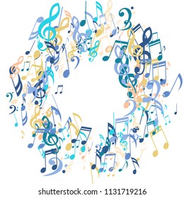 Wreath of Musical Signs. Abstract Background with Notes, Bass and Treble Clefs. Vector Element for Musical Poster, Banner, Advertising, Card. Minimalistic Simple Background.