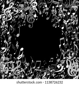 Wreath of Musical Signs. Abstract Background with Notes, Bass and Treble Clefs. Vector Element for Musical Poster, Banner, Advertising, Card. Minimalistic Simple Background.