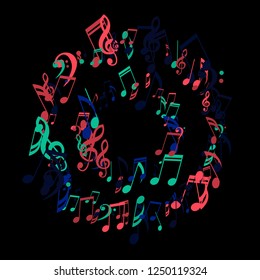 Wreath of Musical Signs. Abstract Background with Notes, Bass and Treble Clefs. Vector Element for Musical Poster, Banner, Advertising, Card. Minimalistic Simple Background.