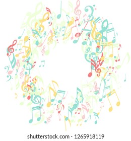 Wreath of Musical Signs. Abstract Background with Notes, Bass and Treble Clefs. Vector Element for Musical Poster, Banner, Advertising, Card. Minimalistic Simple Background.