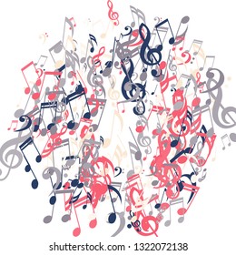 Wreath of Musical Signs. Abstract Background with Notes, Bass and Treble Clefs. Vector Element for Musical Poster, Banner, Advertising, Card. Minimalistic Simple Background.
