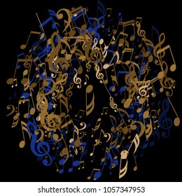 Wreath of Musical Signs. Creative Background with Notes, Bass and Treble Clefs. Vector Element for Musical Poster, Banner, Advertising, Card. Minimalistic Simple Background.