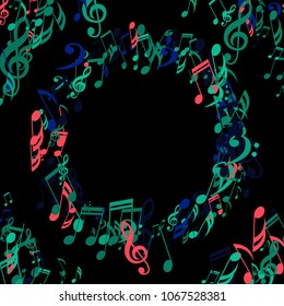 Wreath of Musical Signs. Creative Background with Notes, Bass and Treble Clefs. Vector Element for Musical Poster, Banner, Advertising, Card. Minimalistic Simple Background.