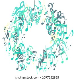 Wreath of Musical Signs. Creative Background with Notes, Bass and Treble Clefs. Vector Element for Musical Poster, Banner, Advertising, Card. Minimalistic Simple Background.
