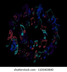 Wreath of Musical Signs. Creative Background with Notes, Bass and Treble Clefs. Vector Element for Musical Poster, Banner, Advertising, Card. Minimalistic Simple Background.