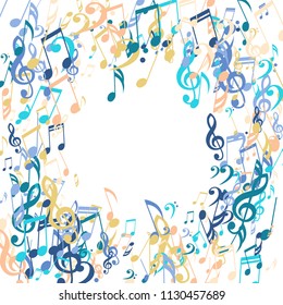 Wreath of Musical Signs. Creative Background with Notes, Bass and Treble Clefs. Vector Element for Musical Poster, Banner, Advertising, Card. Minimalistic Simple Background.