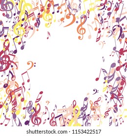 Wreath of Musical Signs. Creative Background with Notes, Bass and Treble Clefs. Vector Element for Musical Poster, Banner, Advertising, Card. Minimalistic Simple Background.