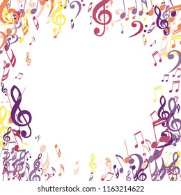 Wreath of Musical Signs. Creative Background with Notes, Bass and Treble Clefs. Vector Element for Musical Poster, Banner, Advertising, Card. Minimalistic Simple Background.