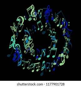 Wreath of Musical Signs. Creative Background with Notes, Bass and Treble Clefs. Vector Element for Musical Poster, Banner, Advertising, Card. Minimalistic Simple Background.