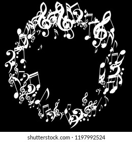 Wreath of Musical Signs. Creative Background with Notes, Bass and Treble Clefs. Vector Element for Musical Poster, Banner, Advertising, Card. Minimalistic Simple Background.