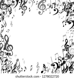 Wreath of Musical Signs. Creative Background with Notes, Bass and Treble Clefs. Vector Element for Musical Poster, Banner, Advertising, Card. Minimalistic Simple Background.