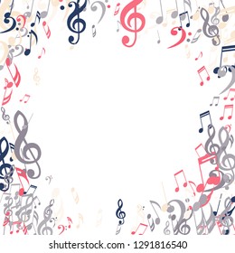 Wreath of Musical Signs. Creative Background with Notes, Bass and Treble Clefs. Vector Element for Musical Poster, Banner, Advertising, Card. Minimalistic Simple Background.