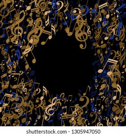 Wreath of Musical Signs. Creative Background with Notes, Bass and Treble Clefs. Vector Element for Musical Poster, Banner, Advertising, Card. Minimalistic Simple Background.