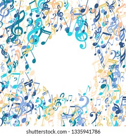 Wreath of Musical Signs. Creative Background with Notes, Bass and Treble Clefs. Vector Element for Musical Poster, Banner, Advertising, Card. Minimalistic Simple Background.