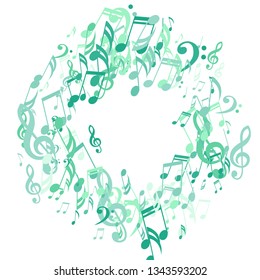Wreath of Musical Signs. Creative Background with Notes, Bass and Treble Clefs. Vector Element for Musical Poster, Banner, Advertising, Card. Minimalistic Simple Background.