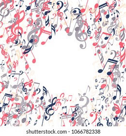 Wreath of Musical Signs. Modern Background with Notes, Bass and Treble Clefs. Vector Element for Musical Poster, Banner, Advertising, Card. Minimalistic Simple Background.