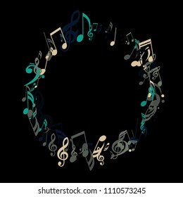 Wreath of Musical Signs. Modern Background with Notes, Bass and Treble Clefs. Vector Element for Musical Poster, Banner, Advertising, Card. Minimalistic Simple Background.