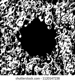 Wreath of Musical Signs. Modern Background with Notes, Bass and Treble Clefs. Vector Element for Musical Poster, Banner, Advertising, Card. Minimalistic Simple Background.